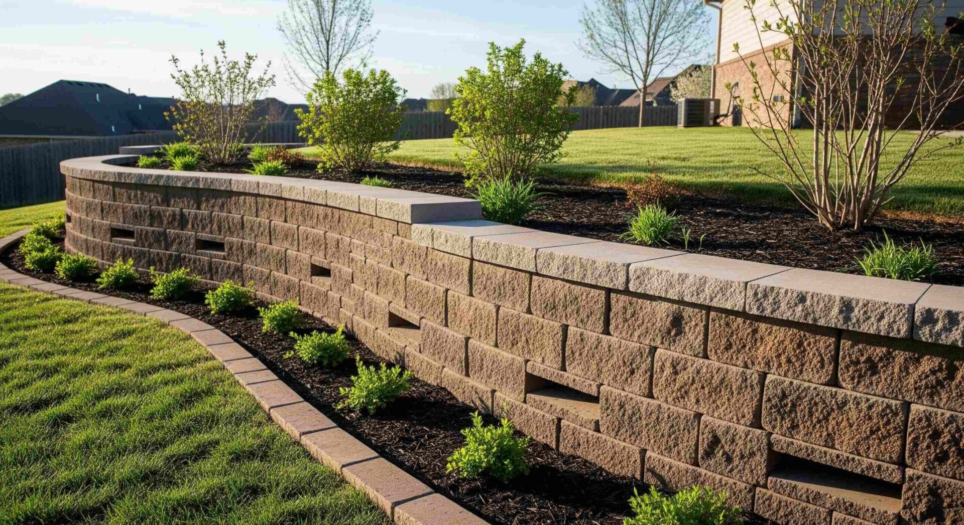A photograph of a professionally installed segmental block retaining wall in a residential backyard in central Oklahoma. The wall has integrated drainage and cap stones, and is situated along the edge of a landscaped area with fresh spring greenery.