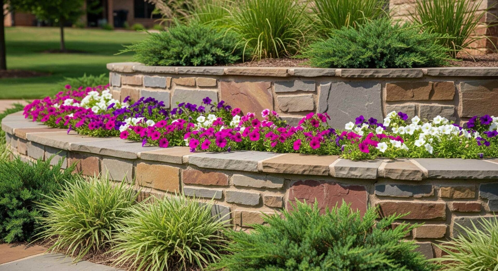 A close-up photograph of a multi-level flagstone retaining wall in Moore, Oklahoma, showing tiered planting areas filled with ornamental grasses, junipers, and blooming petunias. The image highlights the texture and color of the flagstones and the variety of plantings.
