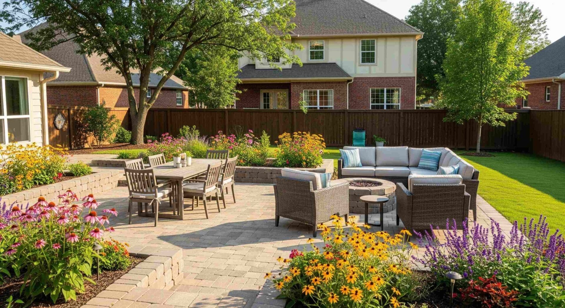 A spacious backyard in Norman, Oklahoma, featuring a new paver patio with natural stone and an arrangement of outdoor furniture, surrounded by vibrant flower beds.