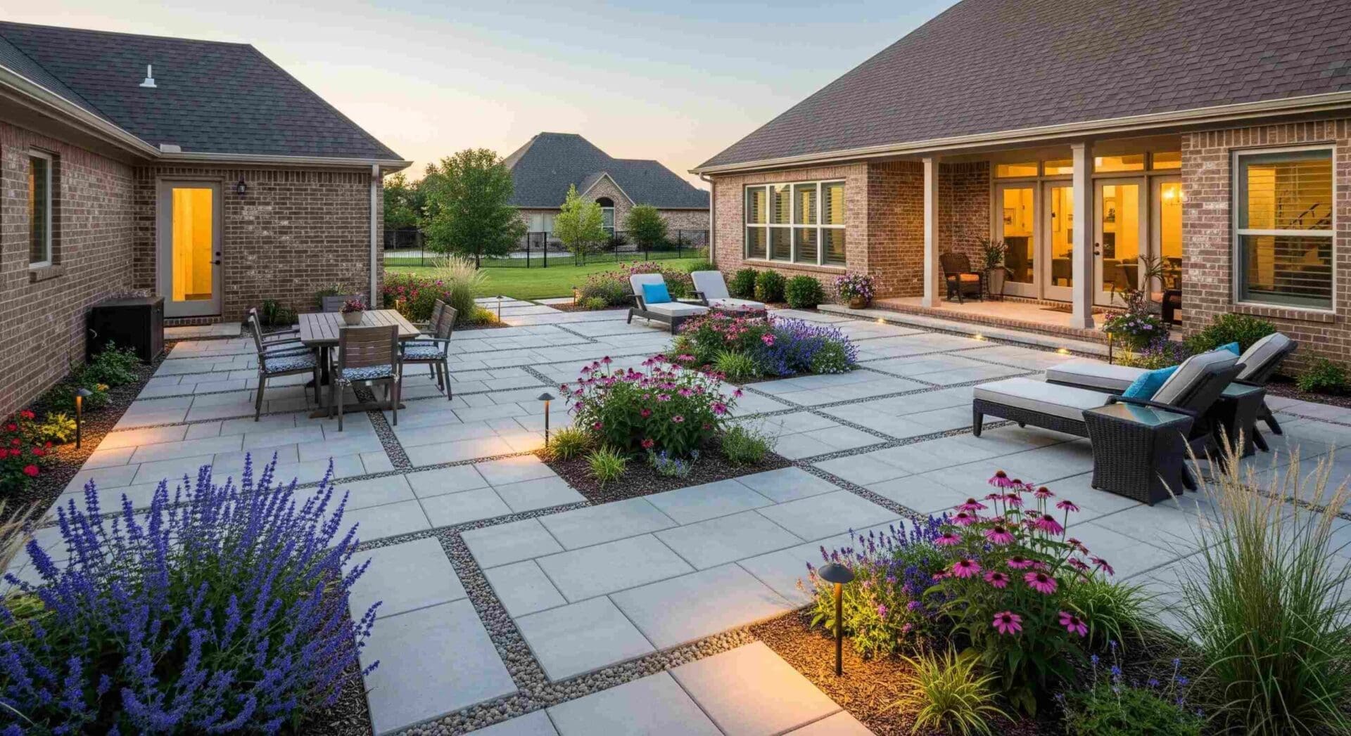 A family-friendly backyard patio in Norman, Oklahoma, with distinct zones for dining and lounging, built with concrete pavers and surrounded by integrated flower beds and subtle landscape lighting.