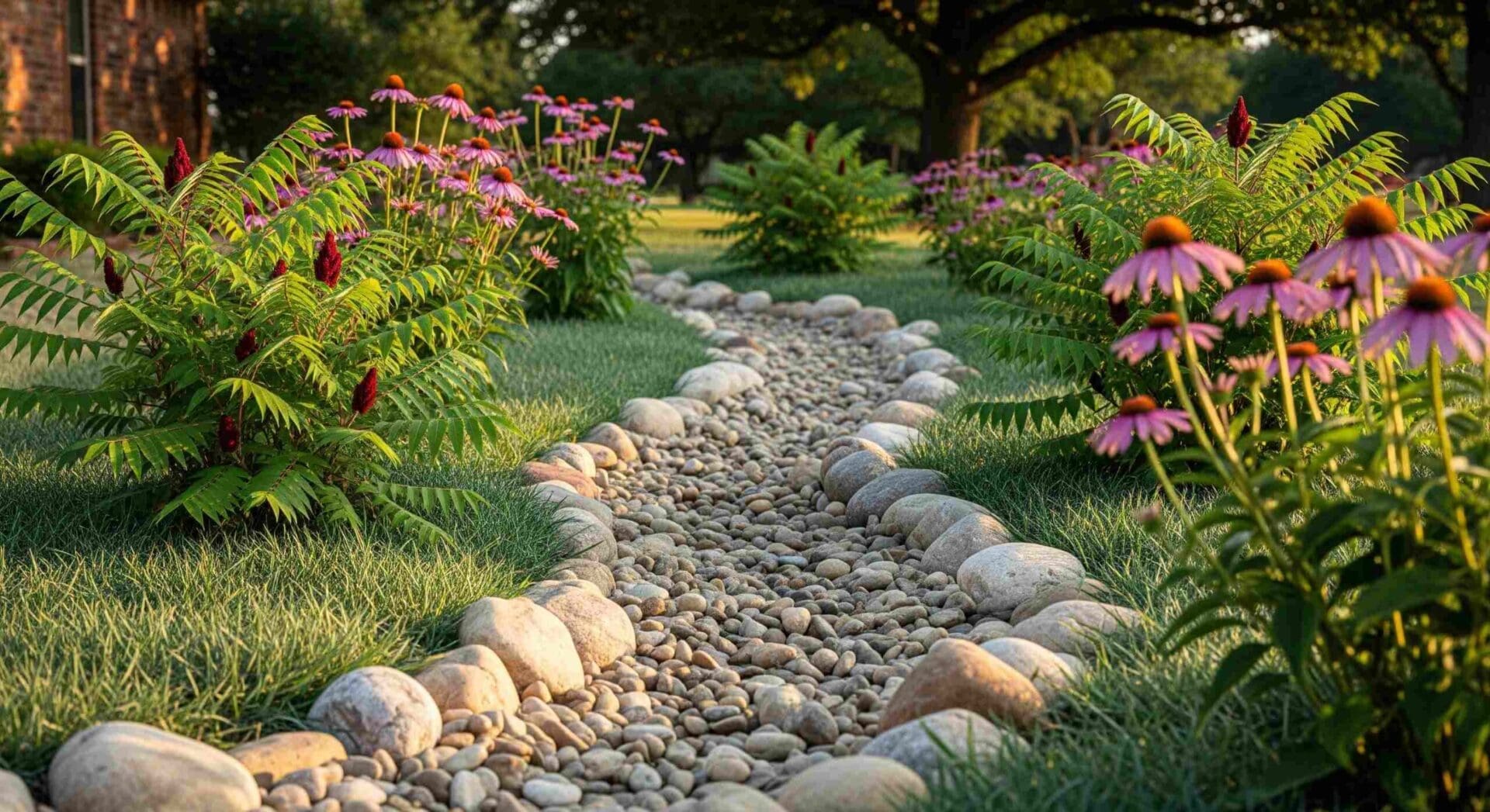 A professionally designed dry creek bed for drainage in a Norman, Oklahoma yard. The creek bed is lined with natural stones and is surrounded by purple coneflowers, aromatic sumac, and buffalo grass under a sunny sky.