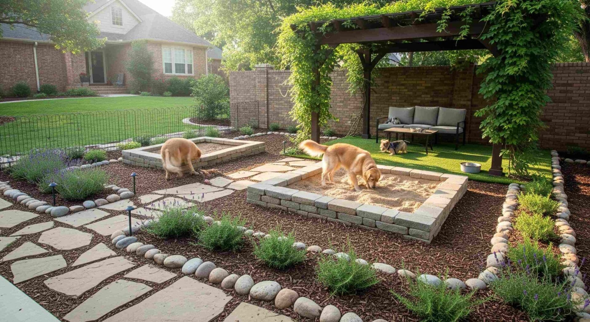A small, professionally designed pet play zone in a residential side yard in Norman, Oklahoma. The area includes a raised digging box, decorative borders, and a shaded pergola.