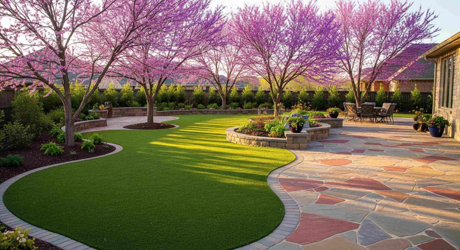 A photograph of a well-designed backyard in Norman, Oklahoma, featuring artificial turf, blooming Oklahoma redbud trees, raised flower beds, and a flagstone patio. The layout is visually appealing and designed to be pet-safe.