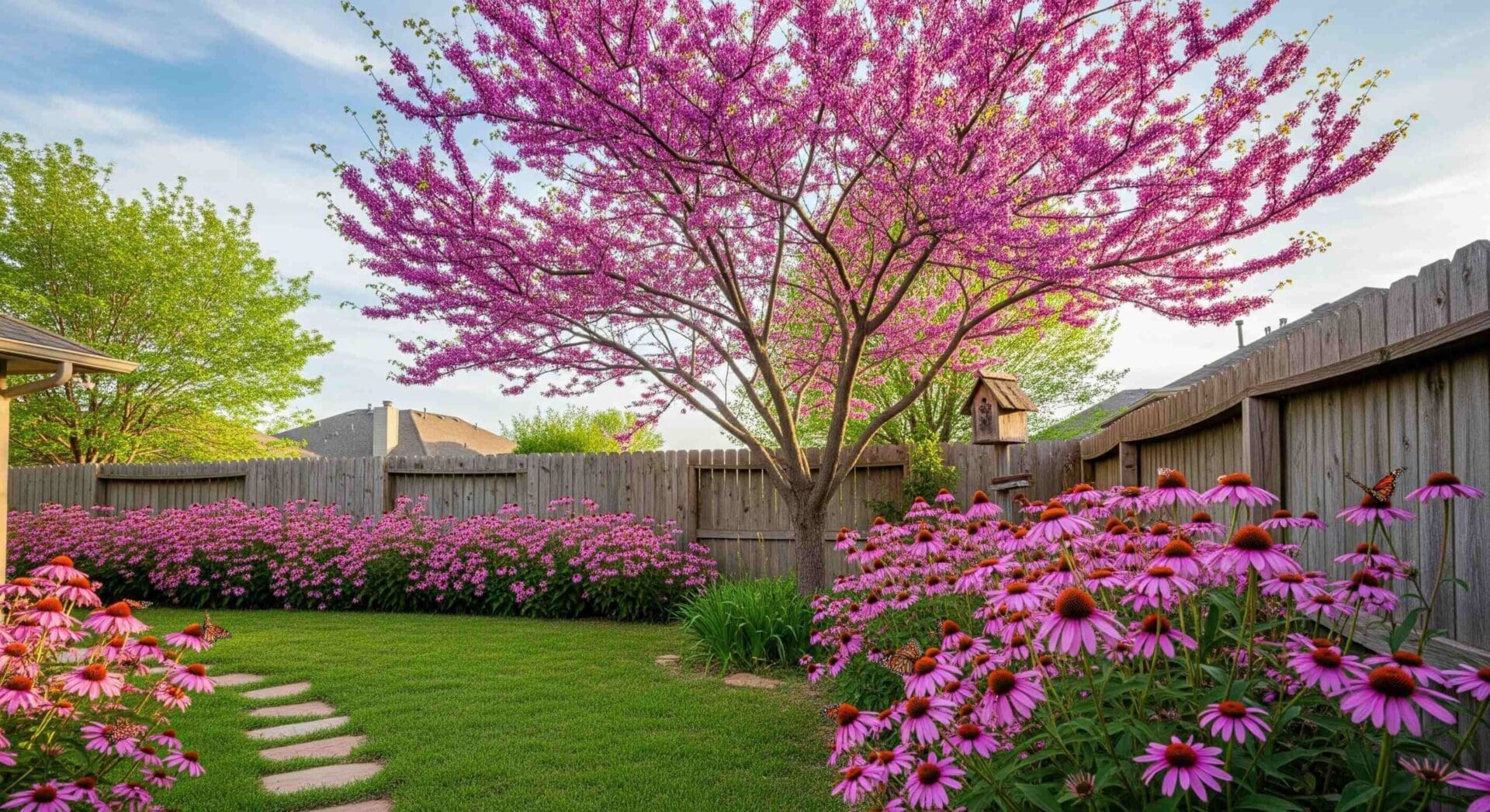 A small, residential backyard in Moore, Oklahoma, features a vibrant Eastern Redbud tree in full pink bloom. A line of purple coneflowers grows along a wooden fence, adding to the colorful, native landscape design. The scene is lit by the warm glow of the late afternoon sun.