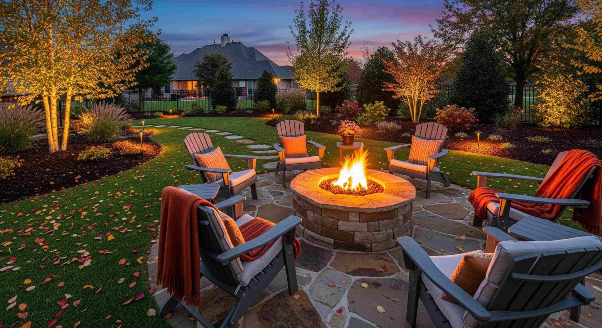 A beautifully landscaped backyard at dusk in Norman, Oklahoma, featuring a custom-built stone fire pit surrounded by cozy seating and soft landscape lighting. Autumn leaves are scattered across the lawn.
