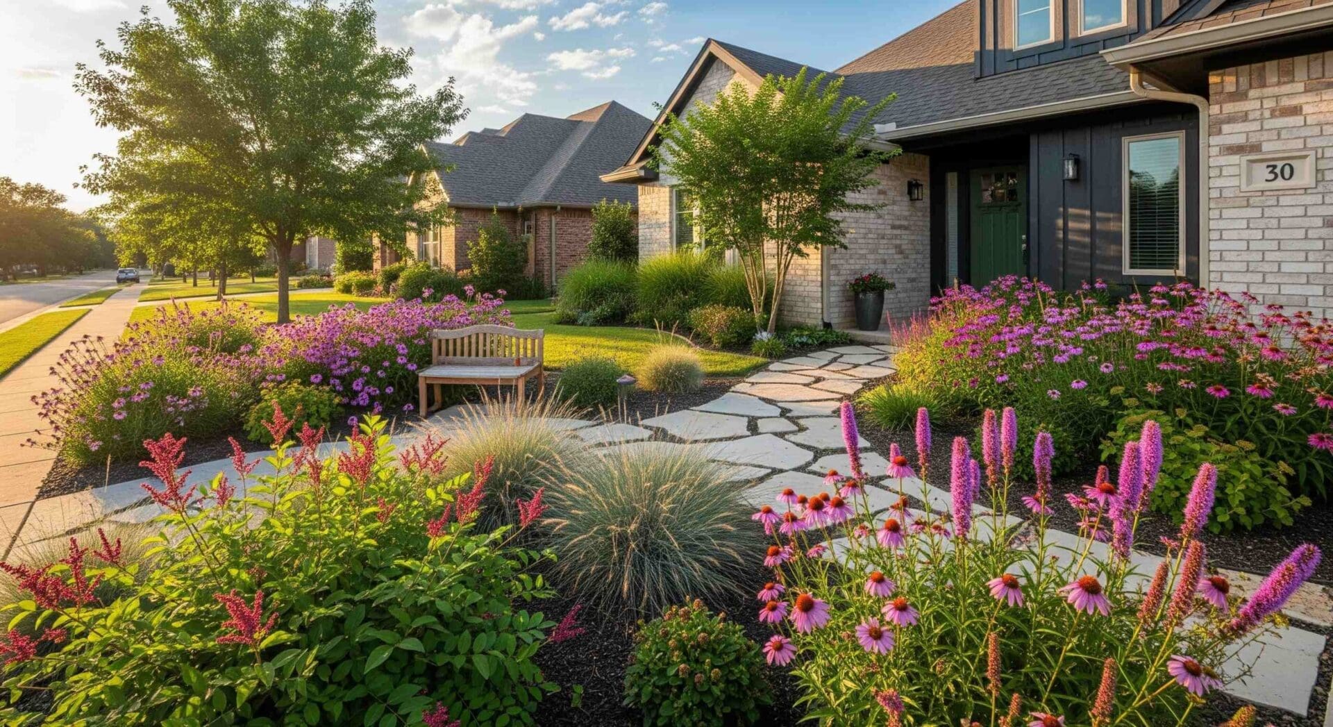 A photograph of a well-maintained residential front yard in Norman, Oklahoma. The yard features a modern, drought-tolerant landscape design with a variety of native shrubs, ornamental grasses, and flowering perennials. A stone pathway leads through the vibrant plants to the front entrance of the house.