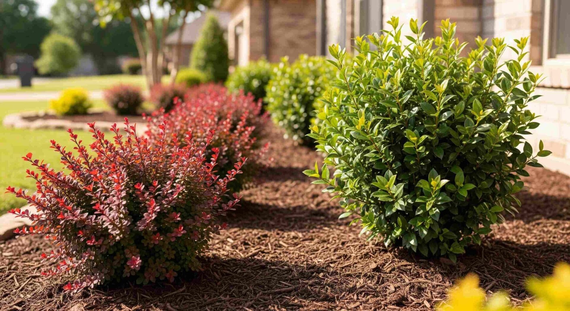 A close-up of a residential foundation planting in Edmond, Oklahoma, showing a mulched bed with Barberry and Yaupon Holly shrubs. The Barberry has deep red leaves, and the Yaupon Holly has bright green leaves, both well-pruned and healthy, illustrating a structured, low-maintenance landscape design.