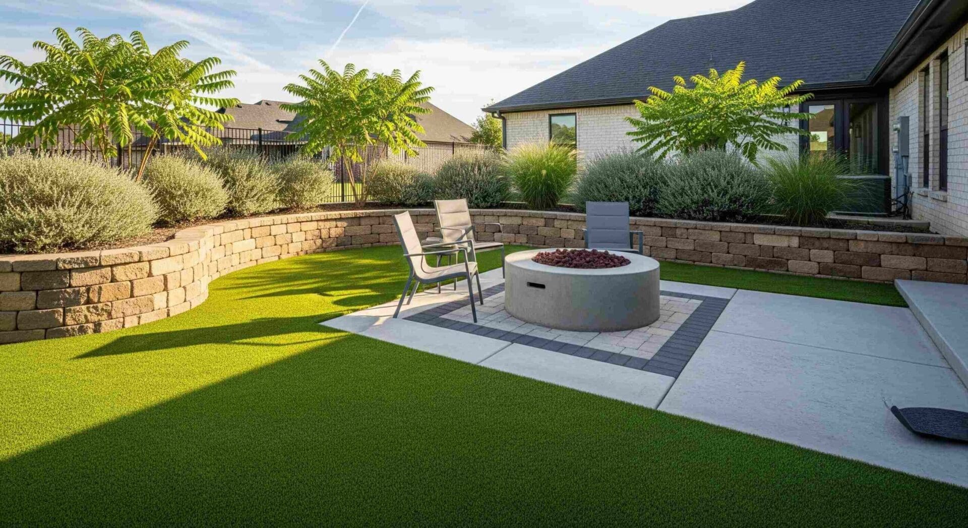 A photograph of a backyard in Norman, Oklahoma, featuring artificial turf, a small concrete patio with a built-in fire pit, and decorative retaining walls planted with native shrubs. The design showcases a clean, functional, and low-maintenance landscape.