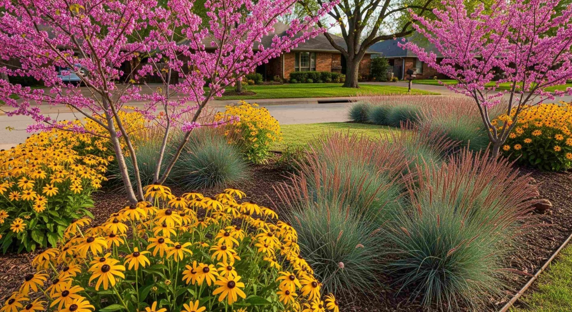 A photograph of a front yard in Norman, Oklahoma, showcasing a hydrozoned landscape. The yard features Eastern Redbud trees, Black-eyed Susans, and Little Bluestem grasses in mulched beds with a minimal lawn area.