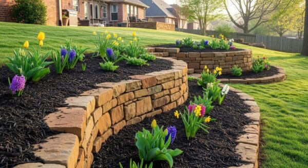 Tiered stone retaining walls with colorful spring flowers and black mulch in a backyard garden.