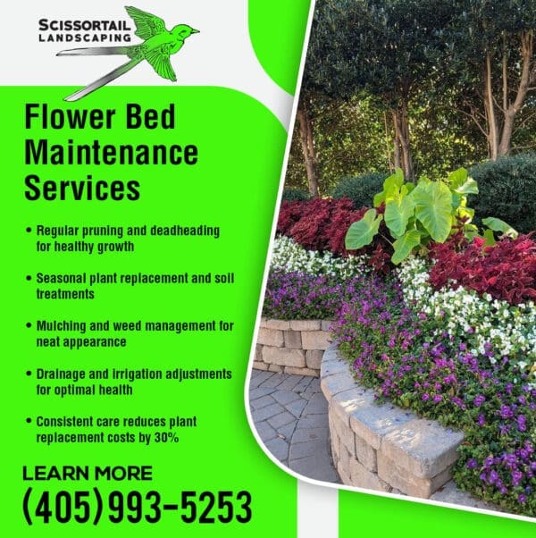 Close-up of a curved, light-colored concrete border separating a lush patch of artificial turf from a flower bed containing purple flowers and rocks.
