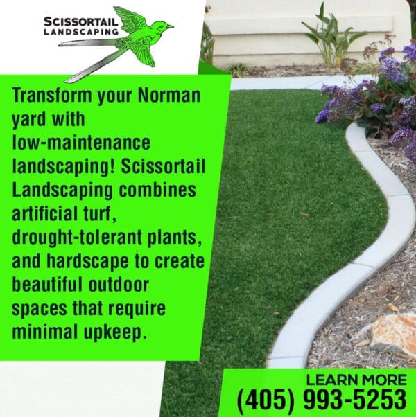 Manicured flower beds with retaining walls, featuring vibrant purple, red, and white annuals, surrounded by fresh mulch.