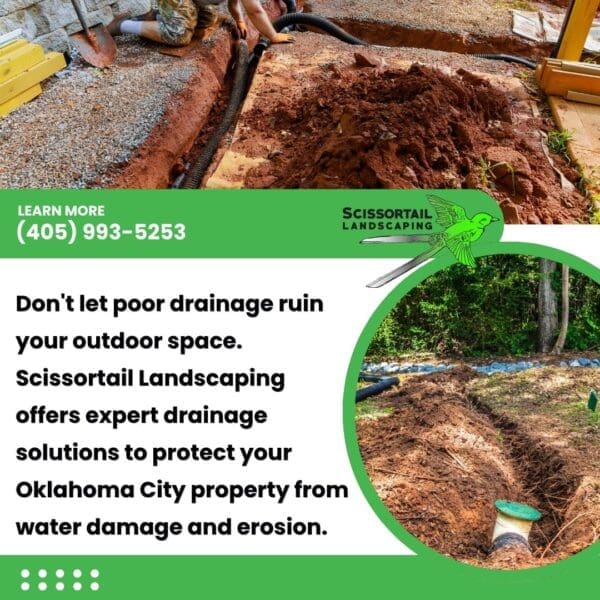 Scissortail Landscaping offers expert drainage solutions for Oklahoma City property protection against water damage and erosion. 