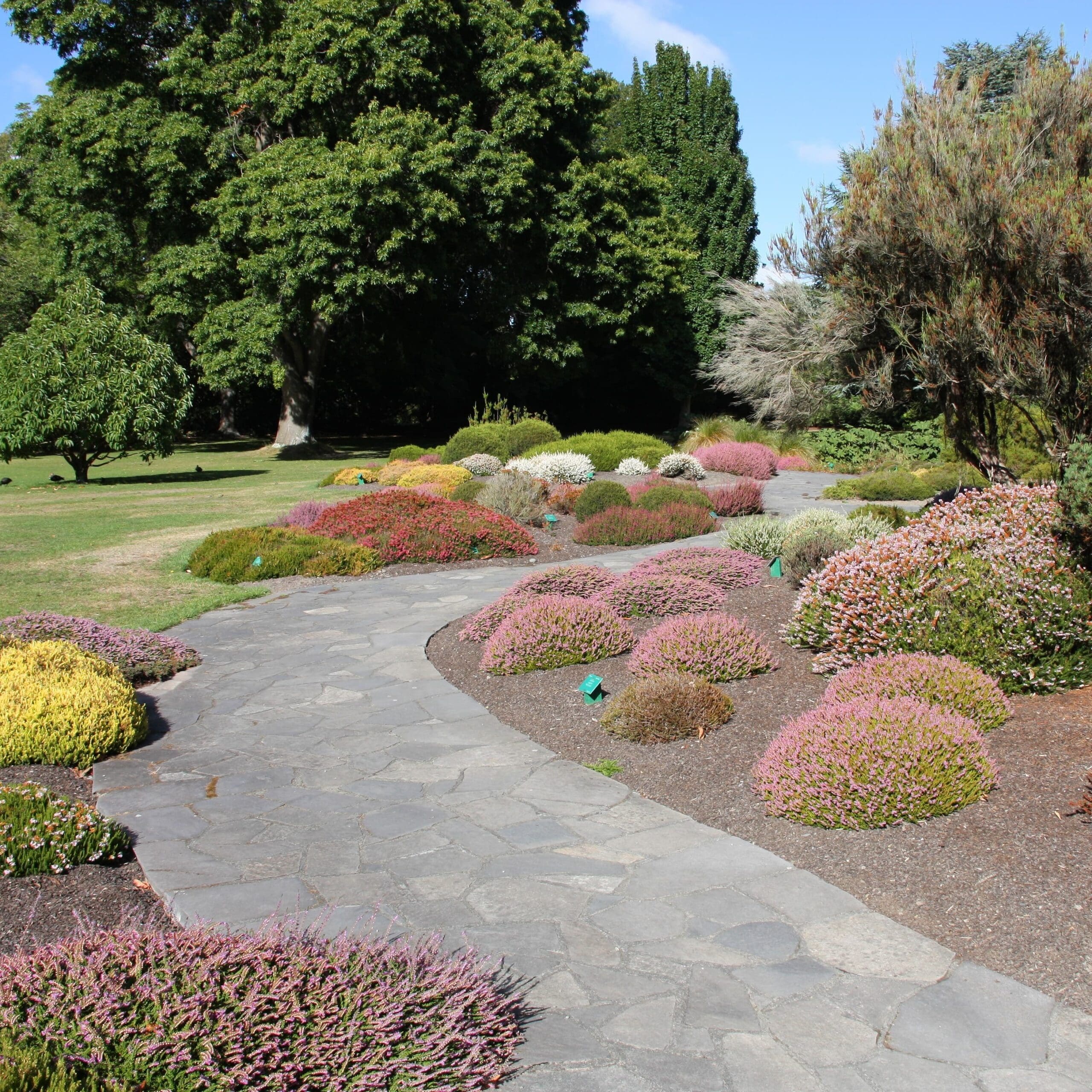 Stone garden pathway winding through colorful, well-maintained flower beds and ornamental shrubs in a landscaped garden.