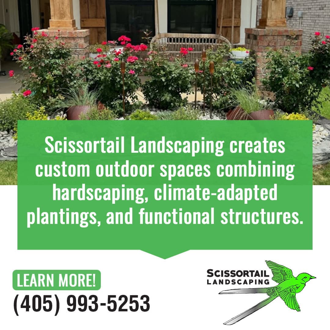 Custom outdoor landscape design featuring stone hardscaping, climate-adapted plants, and decorative garden elements in a residential setting.