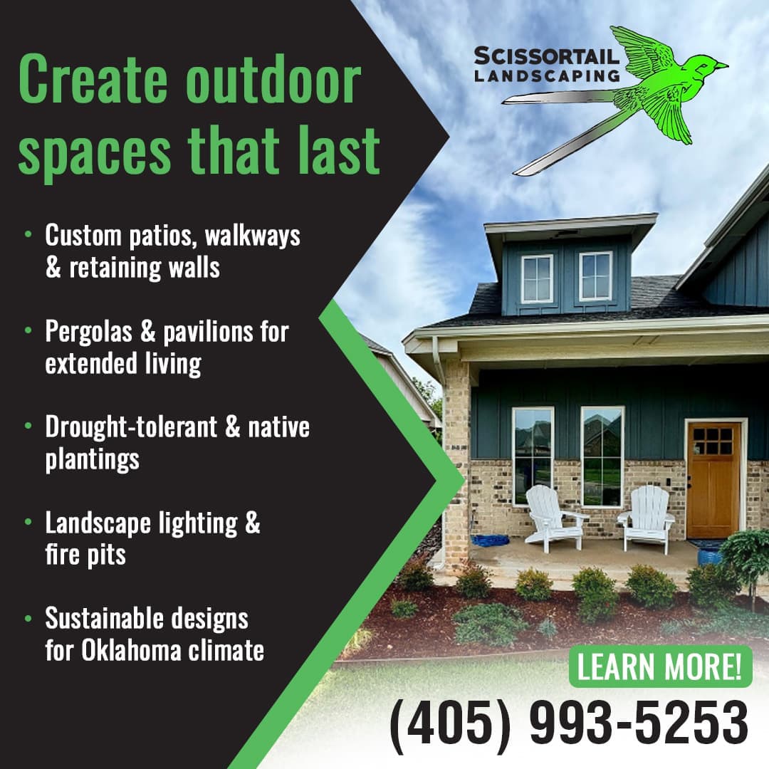 Custom home exterior with landscaped patio, native plantings, and outdoor seating designed by a professional landscaping company.