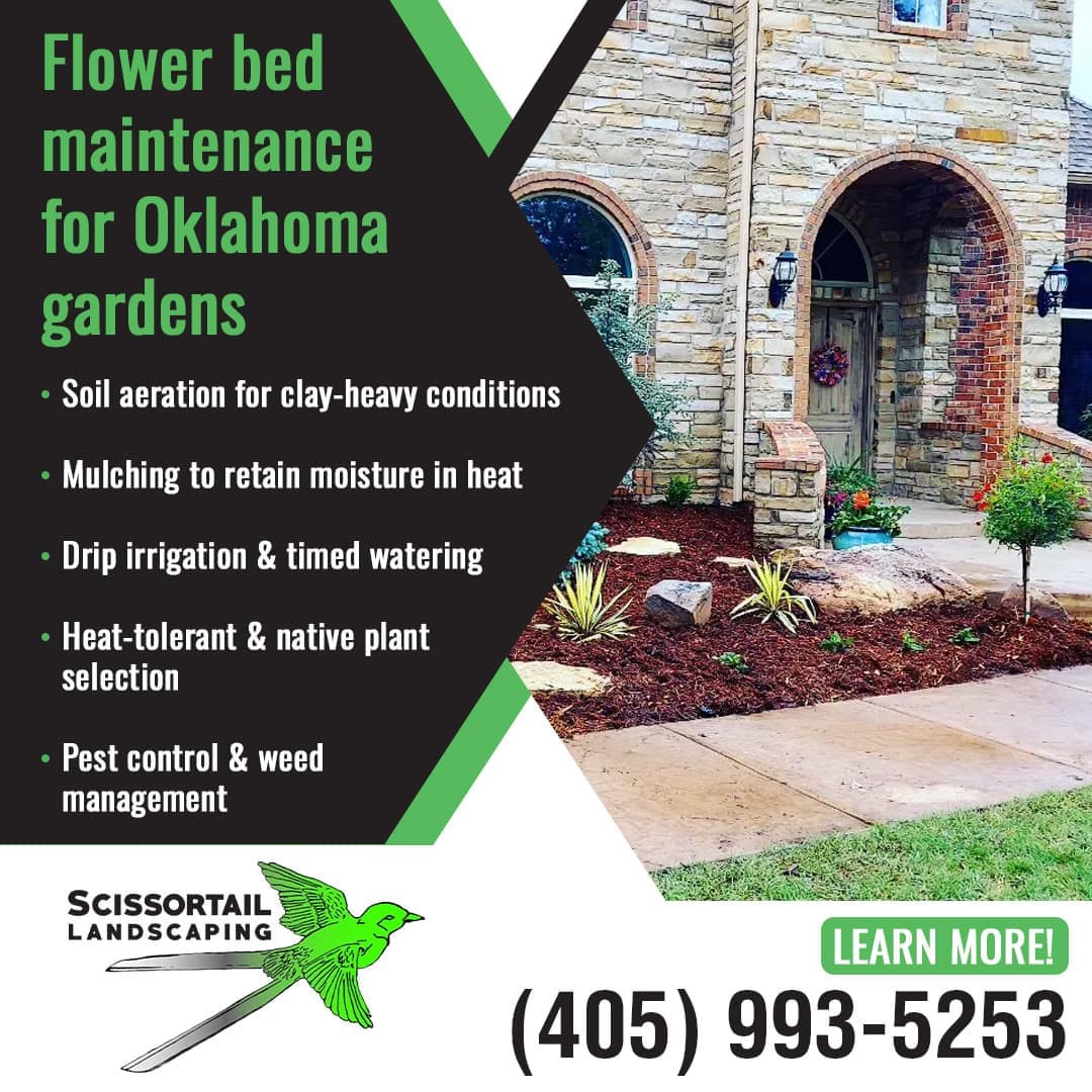 Professional flower bed maintenance by Scissortail Landscaping featuring mulched garden beds, native plants, and stone landscaping at an Oklahoma home.