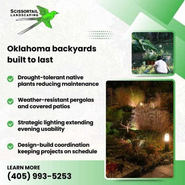 An advertisement for Scissortail Landscaping detailing four key features of their service: drought-tolerant native plants, weather-resistant pergolas and covered patios, strategic lighting for evening use, and design-build coordination.