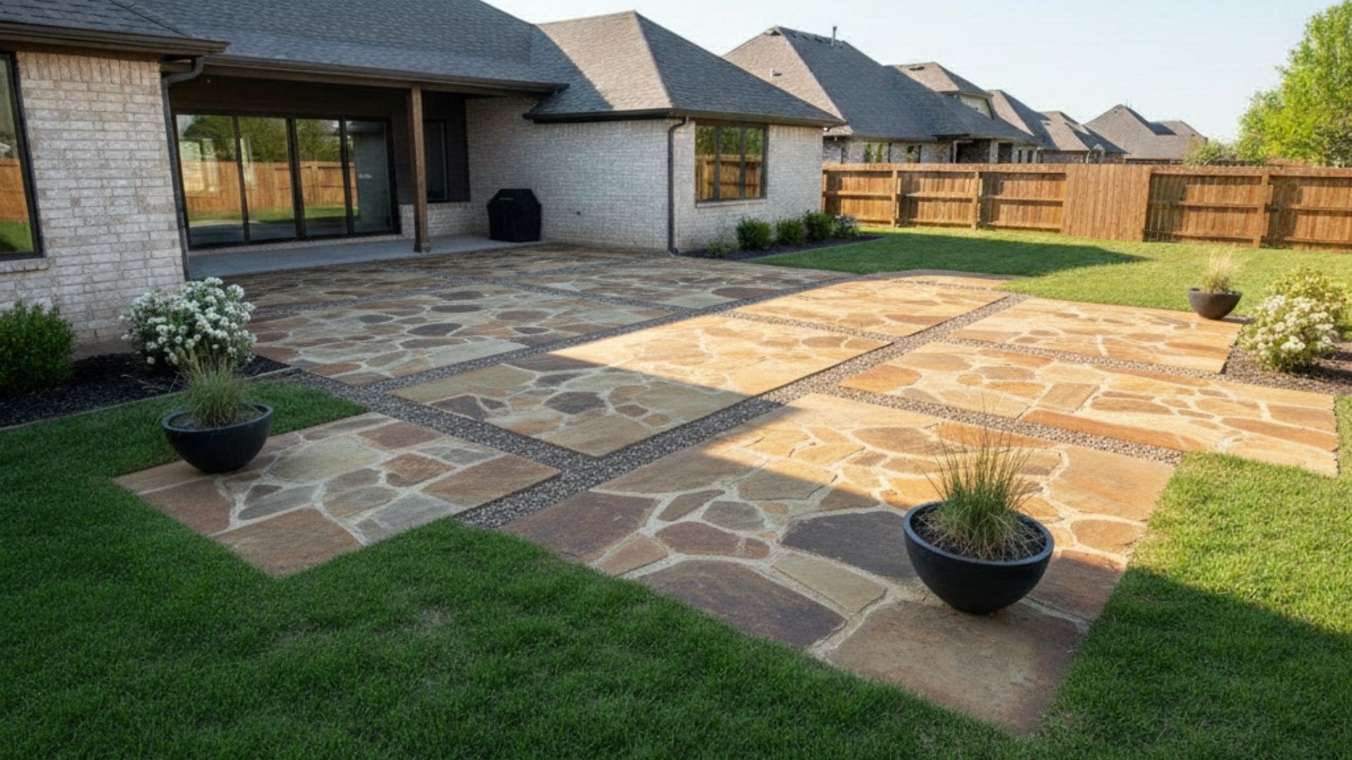 A large residential backyard in Norman, Oklahoma featuring flagstone material.