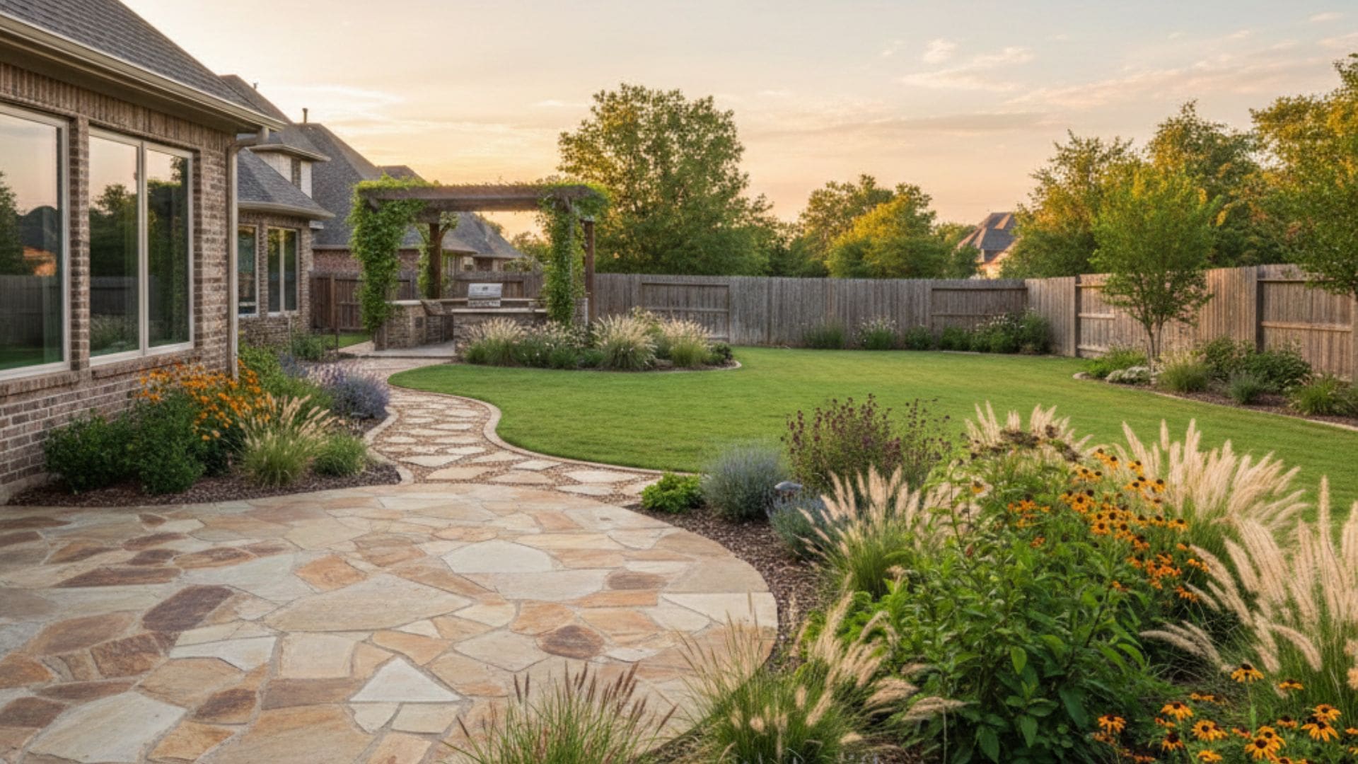 Professionally designed backyard in Norman, Oklahoma with stone patio, layered planting beds, and manicured lawn.